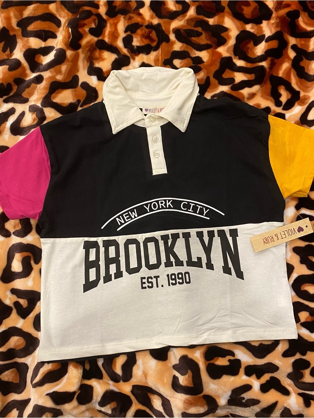 Brooklyn Colorblock Polo Crop Top - Black/White with Pink & Yellow Sleeves